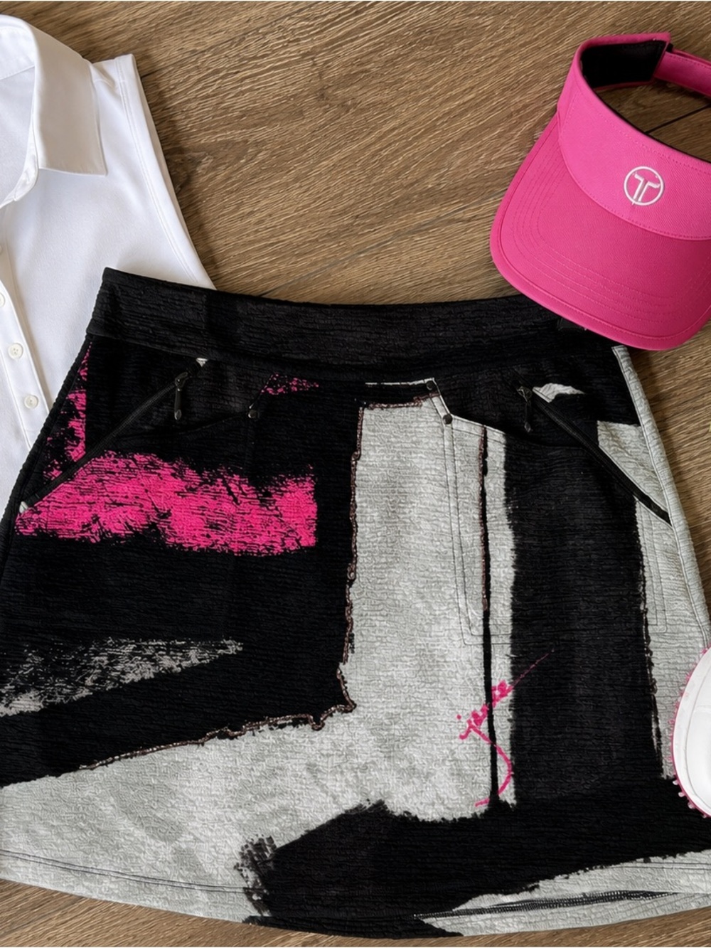 jamie sadock Black, Gray & Hot Pink Abstract Golf Skort